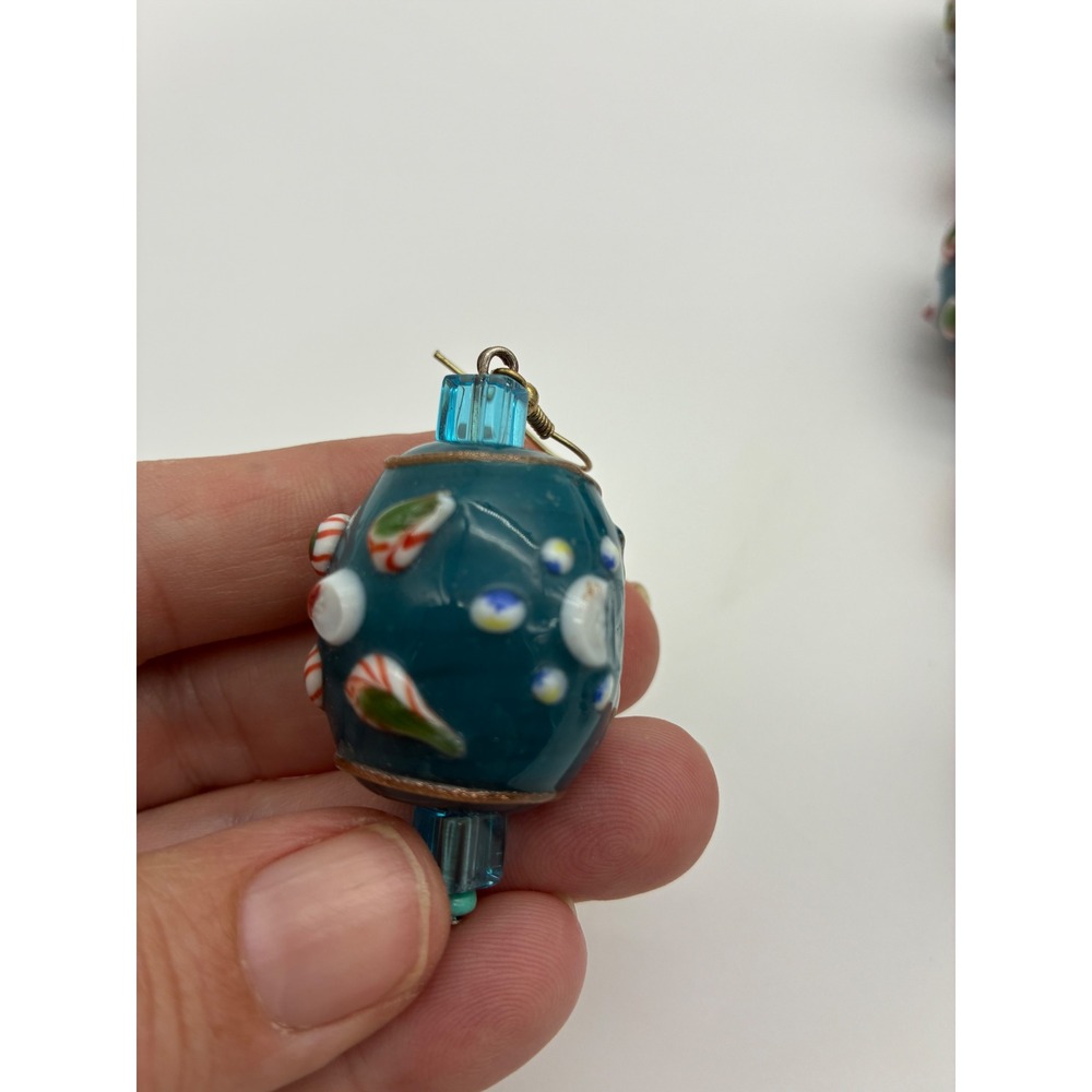 Vintage Lampwork Glass & Copper Bead Necklace Earring Set Teal Blue Floral Leaf - Picture 4 of 8